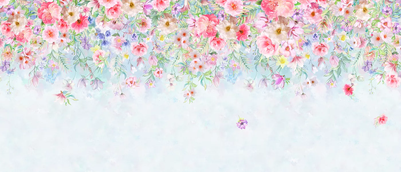 Фотообои и фрески на стену - цветы, розовые, голубые, разноцветные, луговые цветы, полевые цветы, в нежных цветах, цветы на голубом фоне, свисающие цветы
