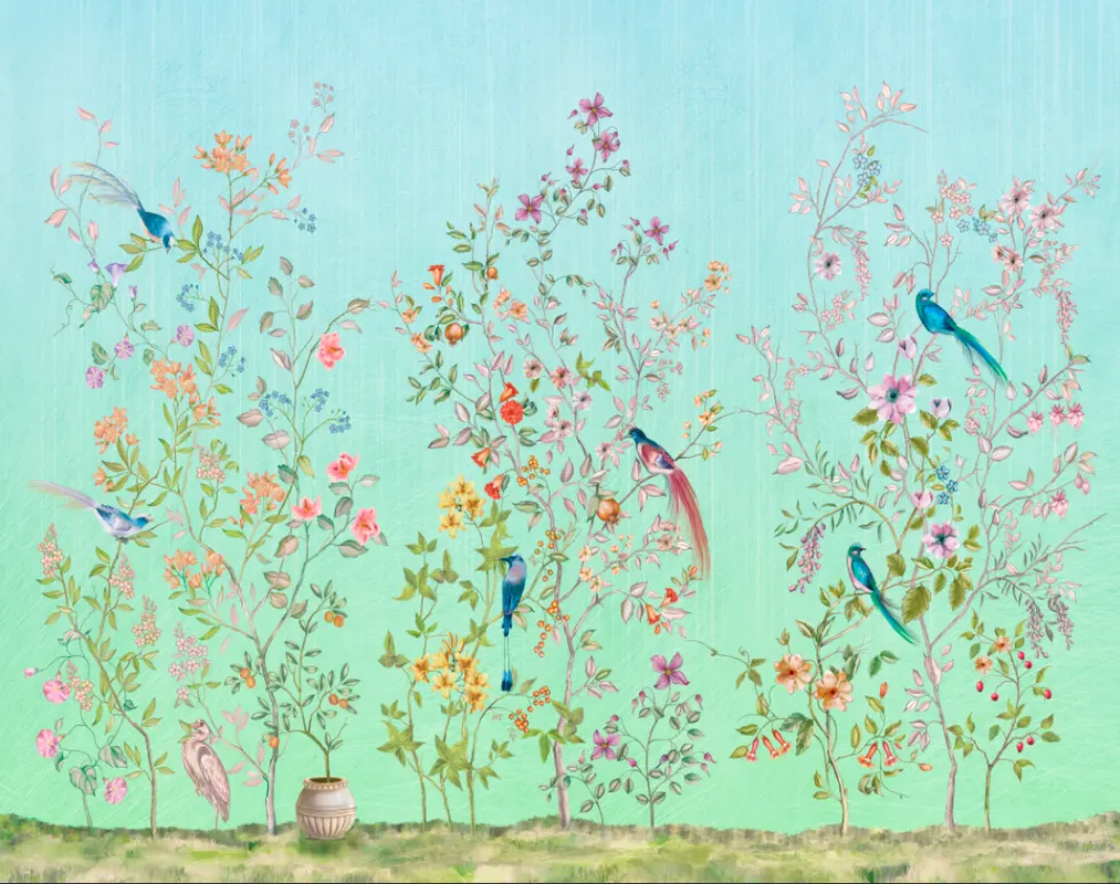 Фотообои и фрески на стену - лепестки, птицы, шинуазри, ветки, цветущие ветки, цветы