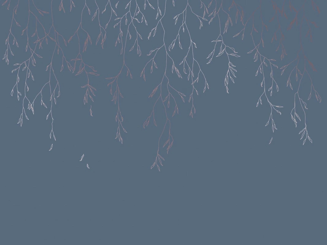 Фотообои на стену - графика, медные, ветки, листья, синяя, темная, темно-синяя