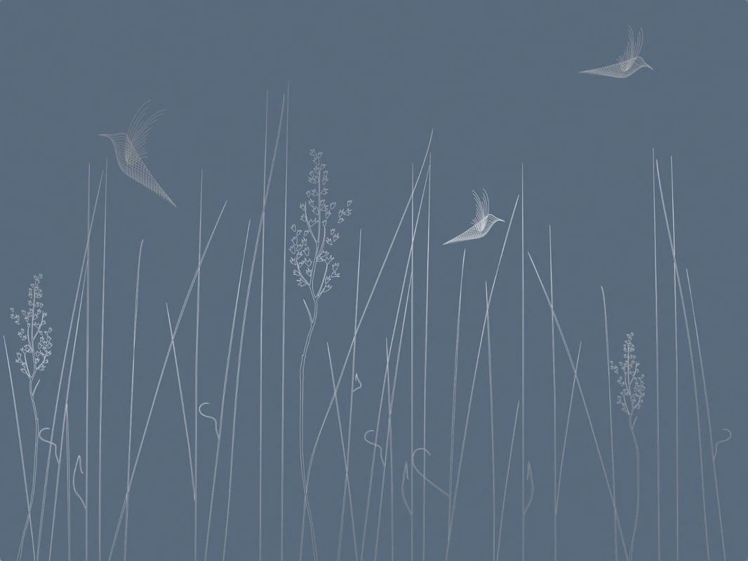 Фотообои на стену - графика, с серебром, трава, птицы, синяя, темная