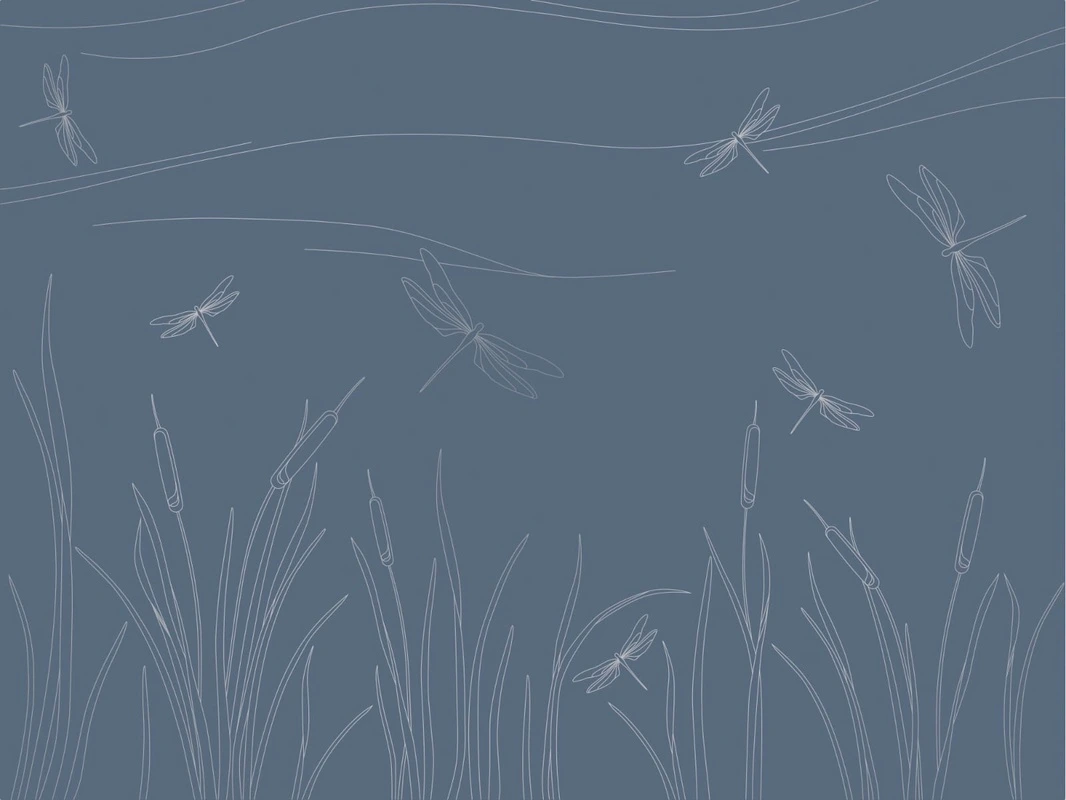 Фотообои на стену - графика, с серебром, камыш, трава, стрекоза, синяя, темная