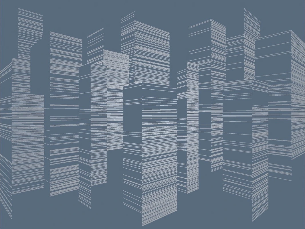 Фотообои на стену - графика, серебряные линии, геометрия, с серебром, город, улица, высотные дома, синяя, темная