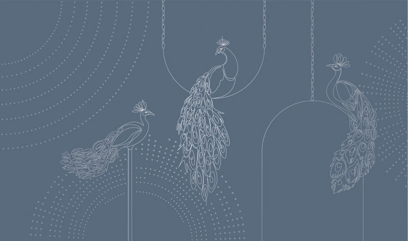 Фотообои на стену - графика, с серебром, павлины, синяя, темная