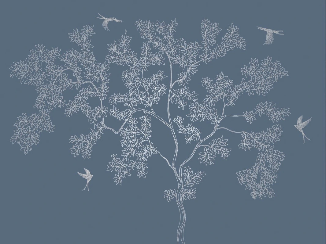 Фотообои на стену - графика, с серебром, дерево, серебряные листья, птицы