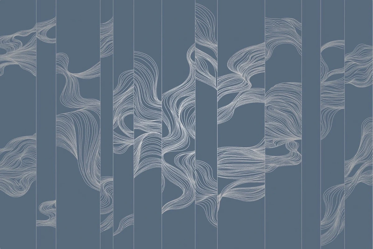 Фотообои на стену - графика, с серебром, волны, вертикальные, синяя, темная