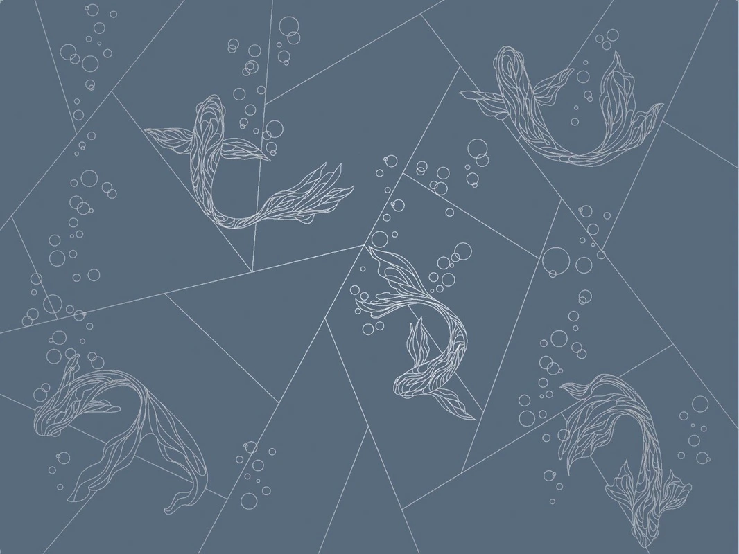 Фотообои на стену - графика, с серебром серебряная, рыбы, синяя, темная