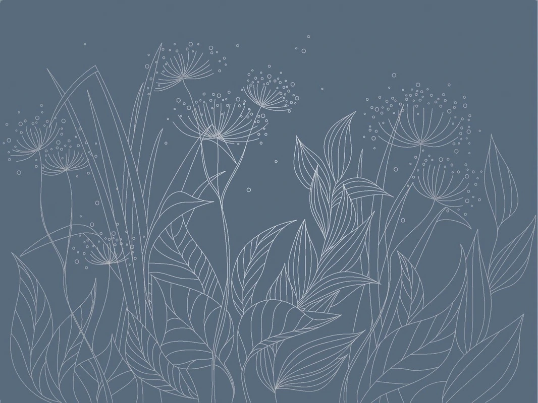 Фотообои на стену - графика, с серебром, серебряные линии, серебро, трава, листья, синяя, темная