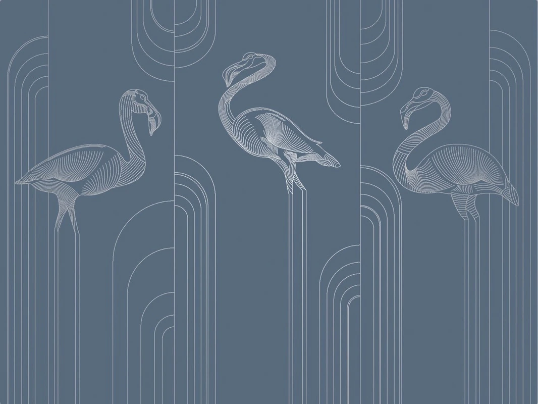 Фотообои на стену - графика, с серебром, фламинго, синяя, темная
