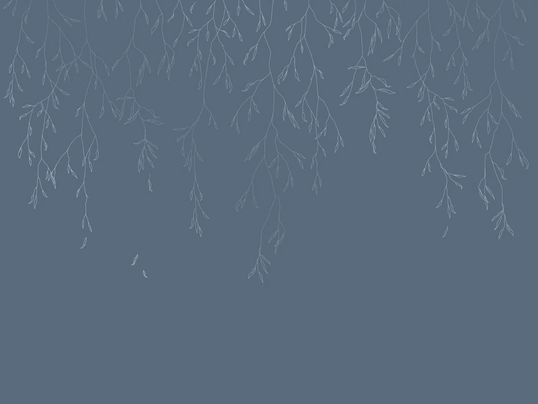 Фотообои на стену - графика, с серебром, ветки, листья, синяя, темная