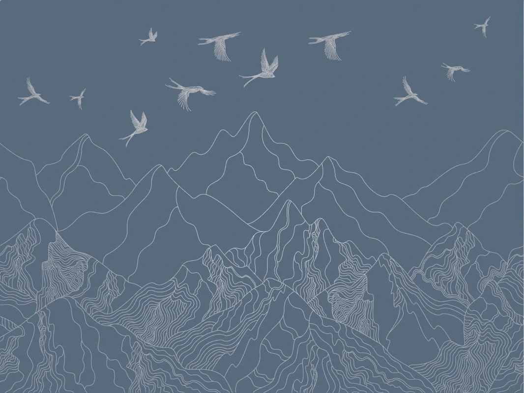 Фотообои на стену - графика, с серебром, горы, птицы, синяя, темная