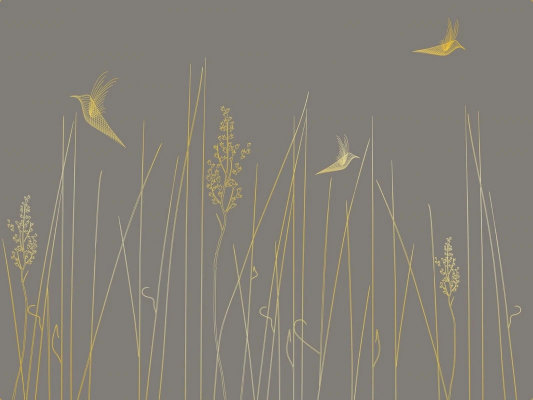 Фотообои на стену - графика, золотые линии, с золотом, трава, птицы, коричневая, темная