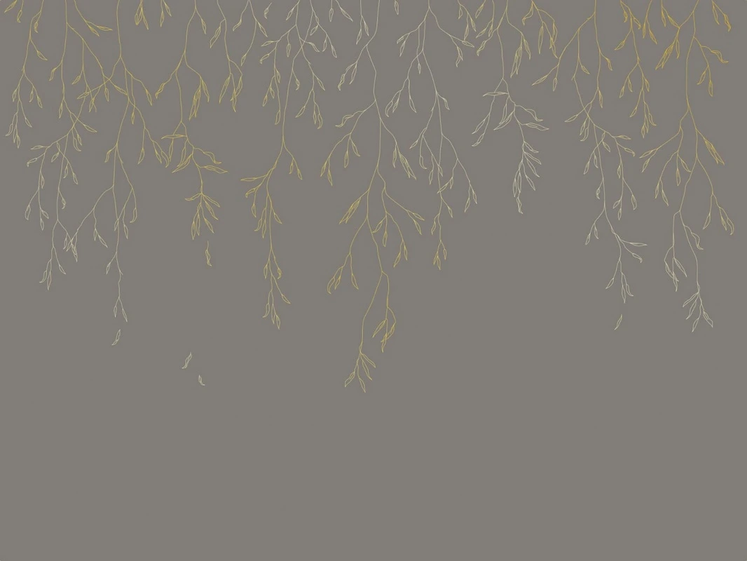 Фотообои на стену - графика, золотые линии, золотые листья, ветки, в спальню, коричневая, темная