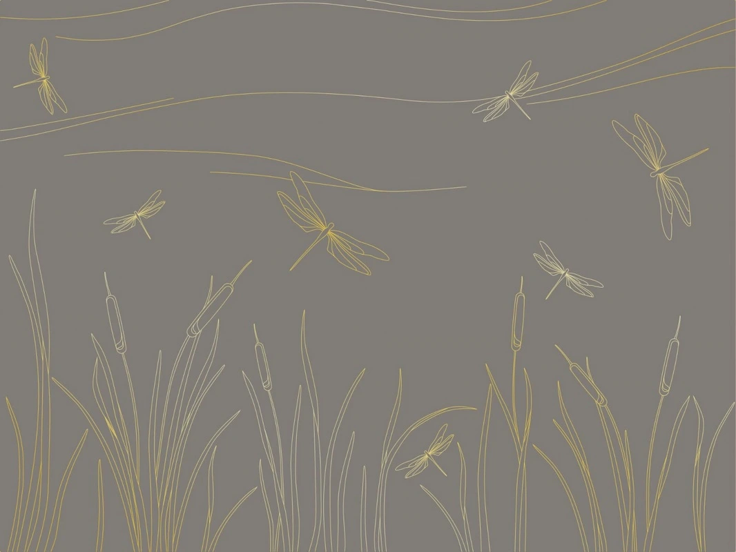 Фотообои на стену - графика, золотые линии, трава, стрекозы, коричневая, темная