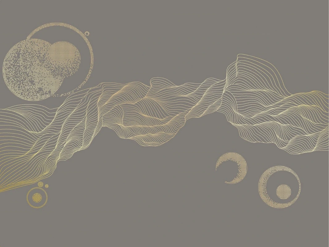 Фотообои на стену - графика, золотые линии, вуаль, шары, коричневая, темная, в гостиницу