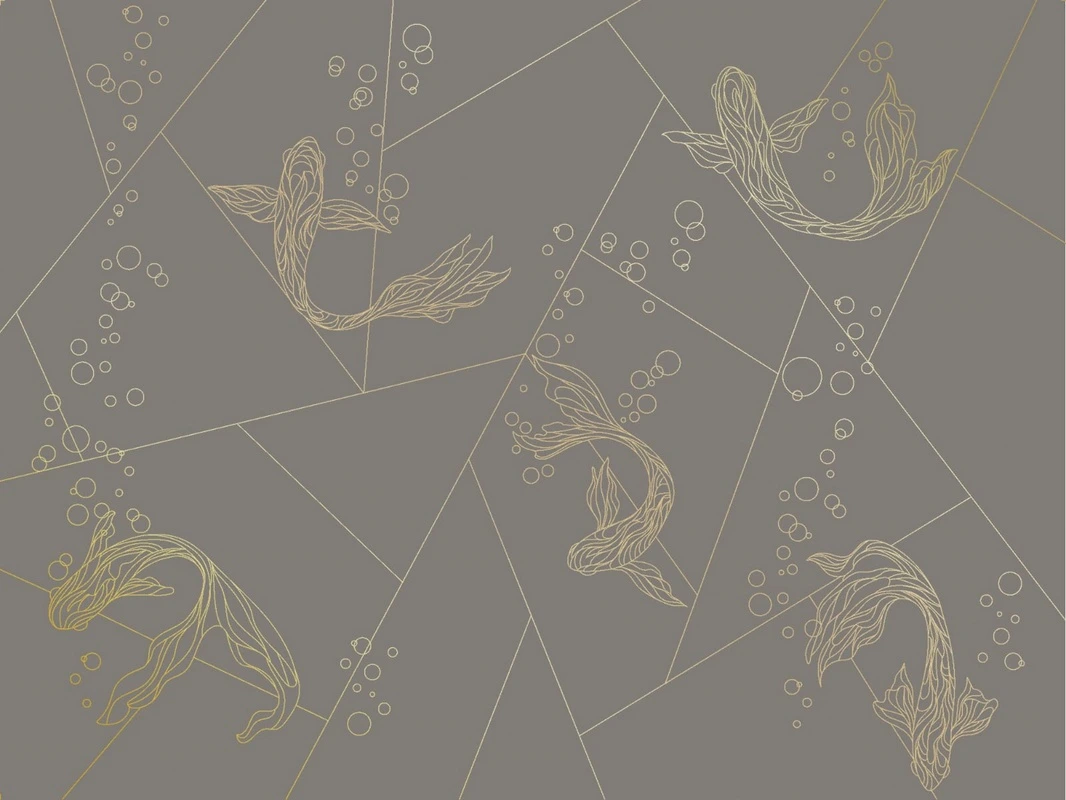 Фотообои на стену - графика, золотые линии, рыбы, коричневая, темная