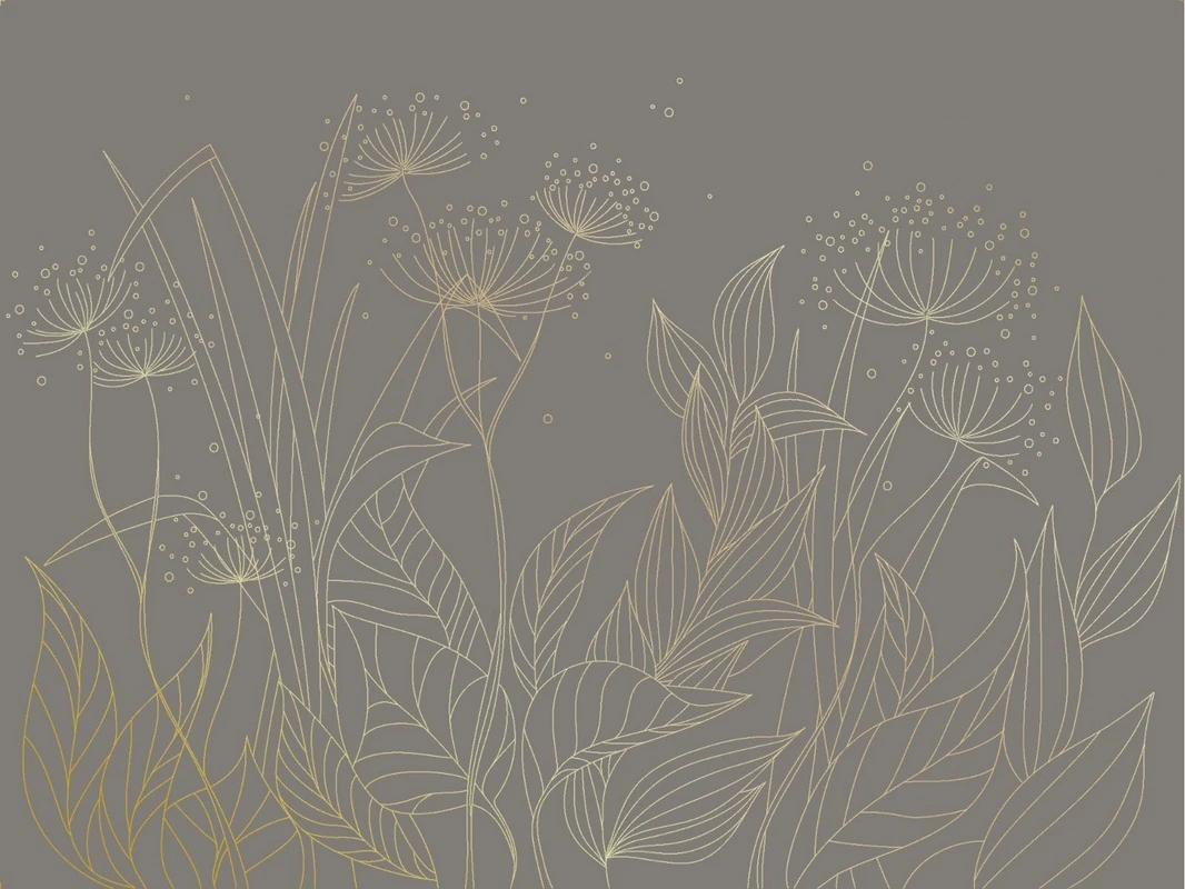 Фотообои на стену - графика, золотые линии, трава, золотые листья, темные, коричневые
