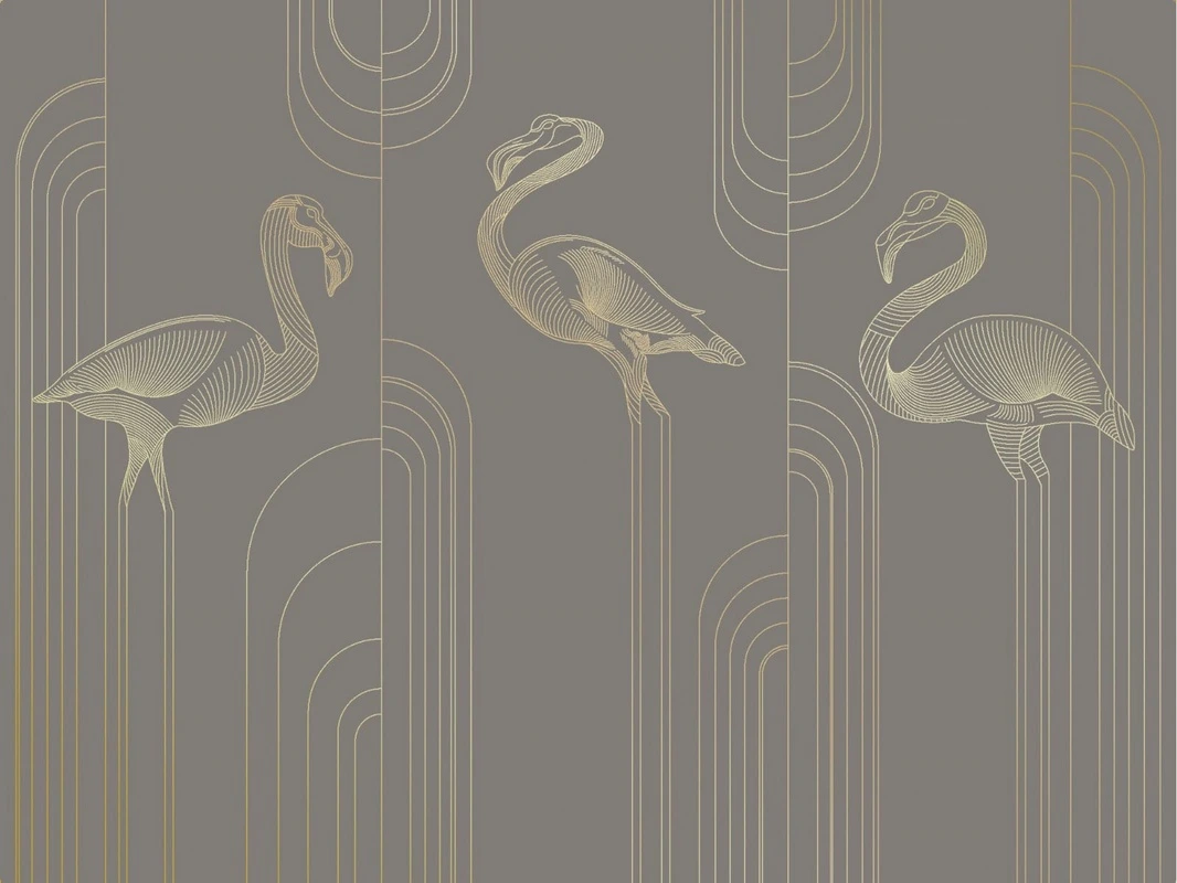Фотообои на стену - графика, золотые линии, фламинго, коричневая, темная