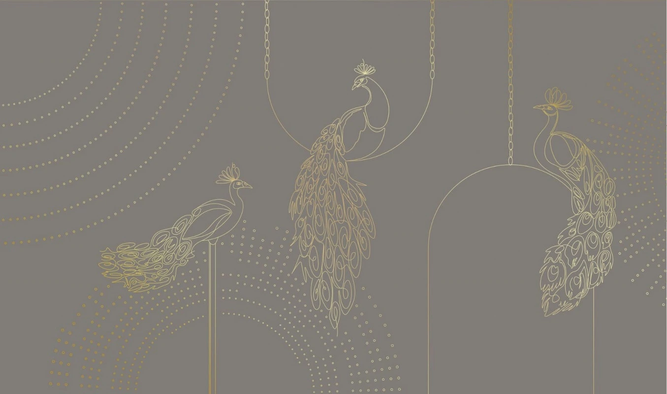 Фотообои на стену - графика, с золотом, павлины, коричневая, темная