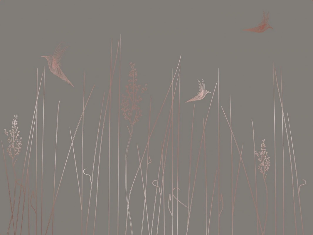 Фотообои на стену - графика, медные, трава, птицы, коричневая, темная