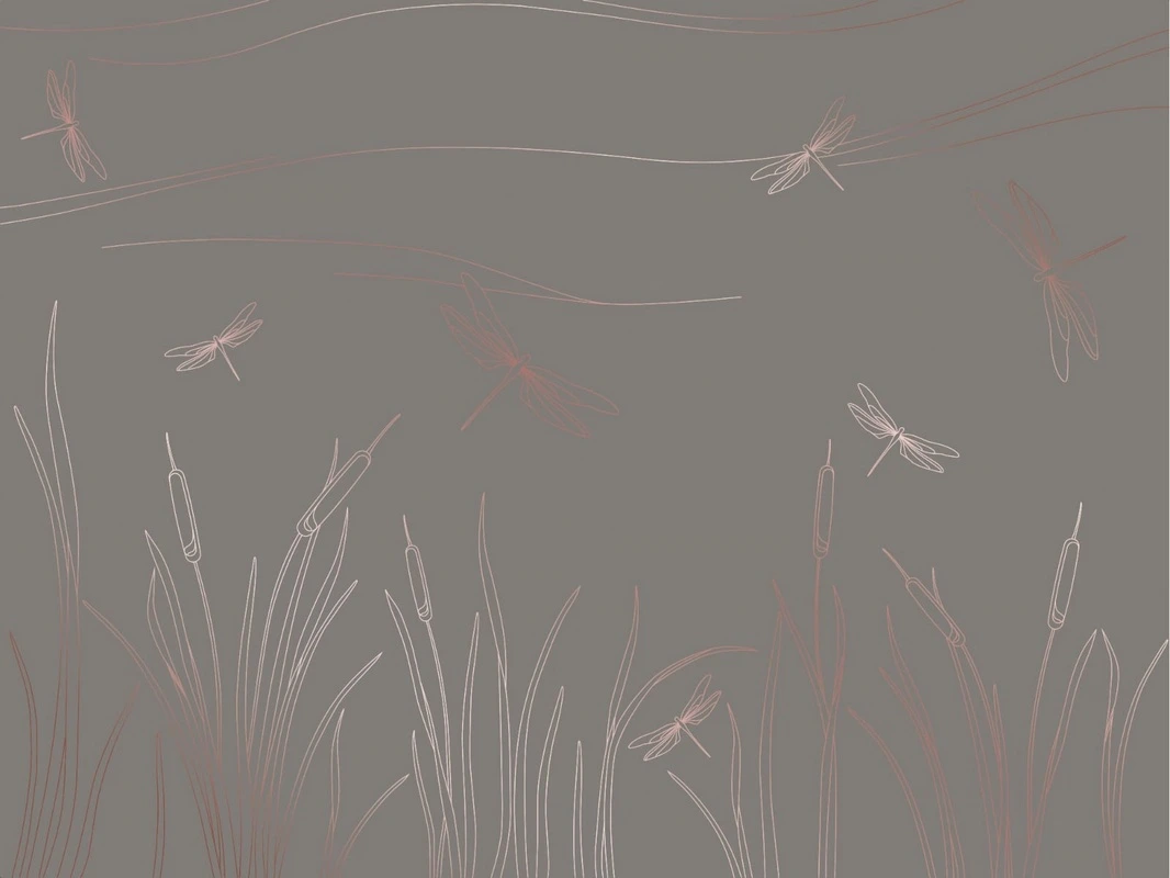Фотообои на стену - графика, медные, линии, трава, стрекозы, коричневая, темная