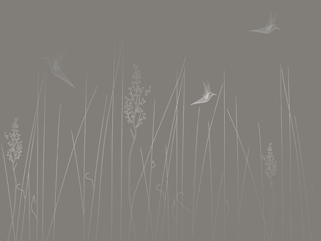 Фотообои на стену - графика, с серебром, линии, серебро, трава, птицы, коричневая, темная