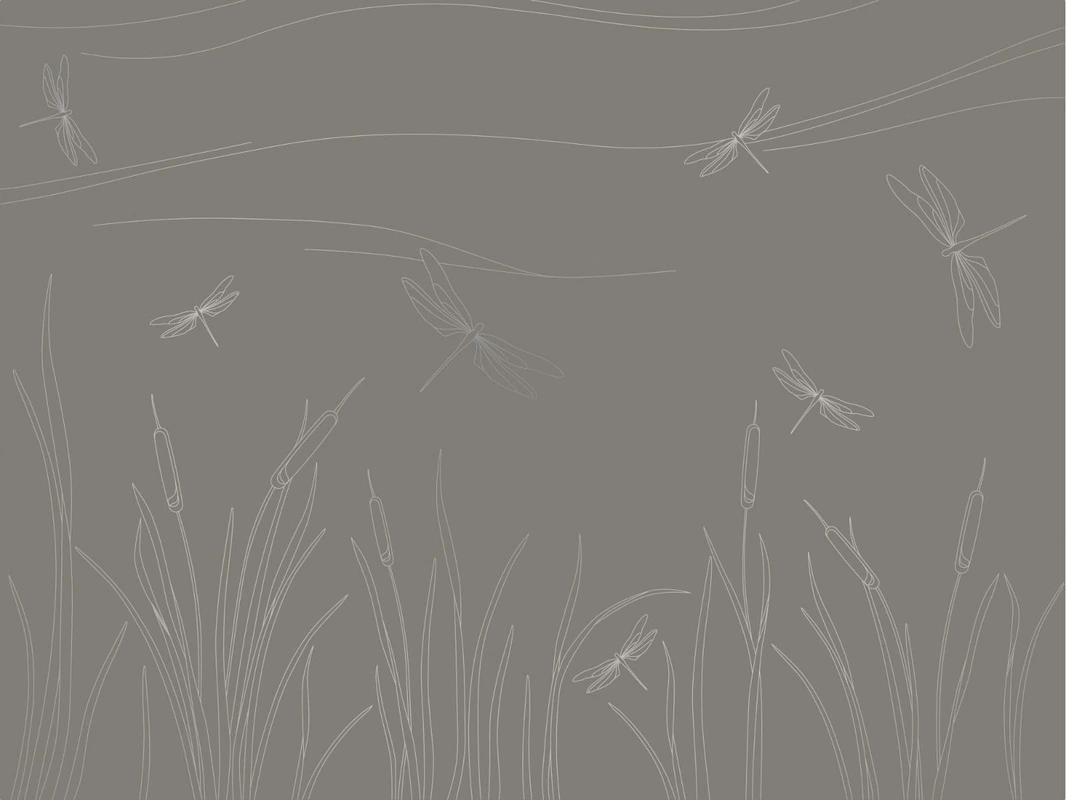 Фотообои на стену - графика, с серебром, трава, стрекоза, коричневая, темная