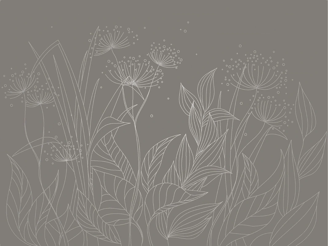 Фотообои и фрески на стену - графика, с серебром, трава, листья, коричневая, темная