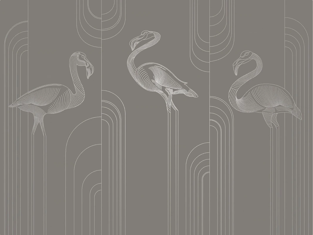 Фотообои и фрески на стену - графика, с серебром, фламинго, коричневая, темная