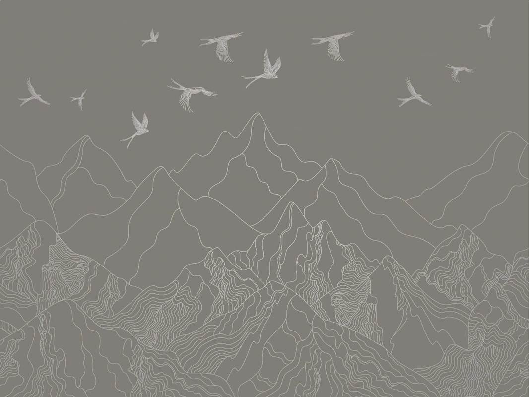 Фотообои и фрески на стену - графика, с серебром, горы, птицы, в офис, в гостиницу, коричневая, темная