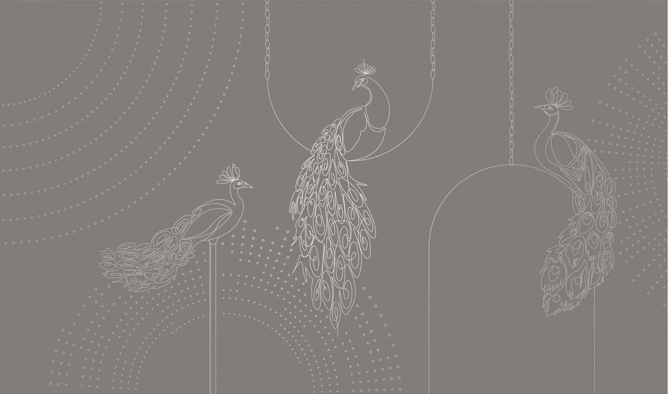 Фотообои на стену - графика, с серебром, павлины, коричневая, темная