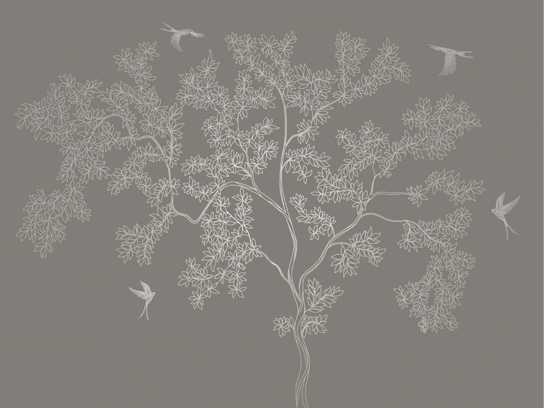 Фотообои на стену - графика, с серебром, дерево, листья, птицы, темная, коричневая