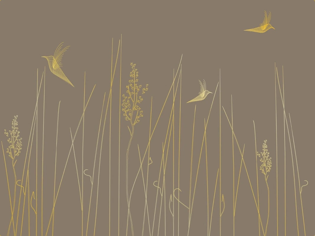 Фотообои на стену - графика, золотые линии, трава, птицы, темно коричневая, темная