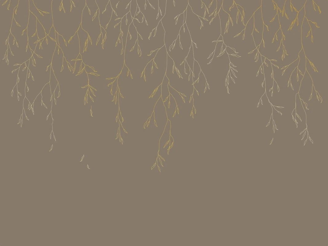Фотообои на стену - графика, золотые линии, золотые листья, ветки, листья, темно коричневая, темная