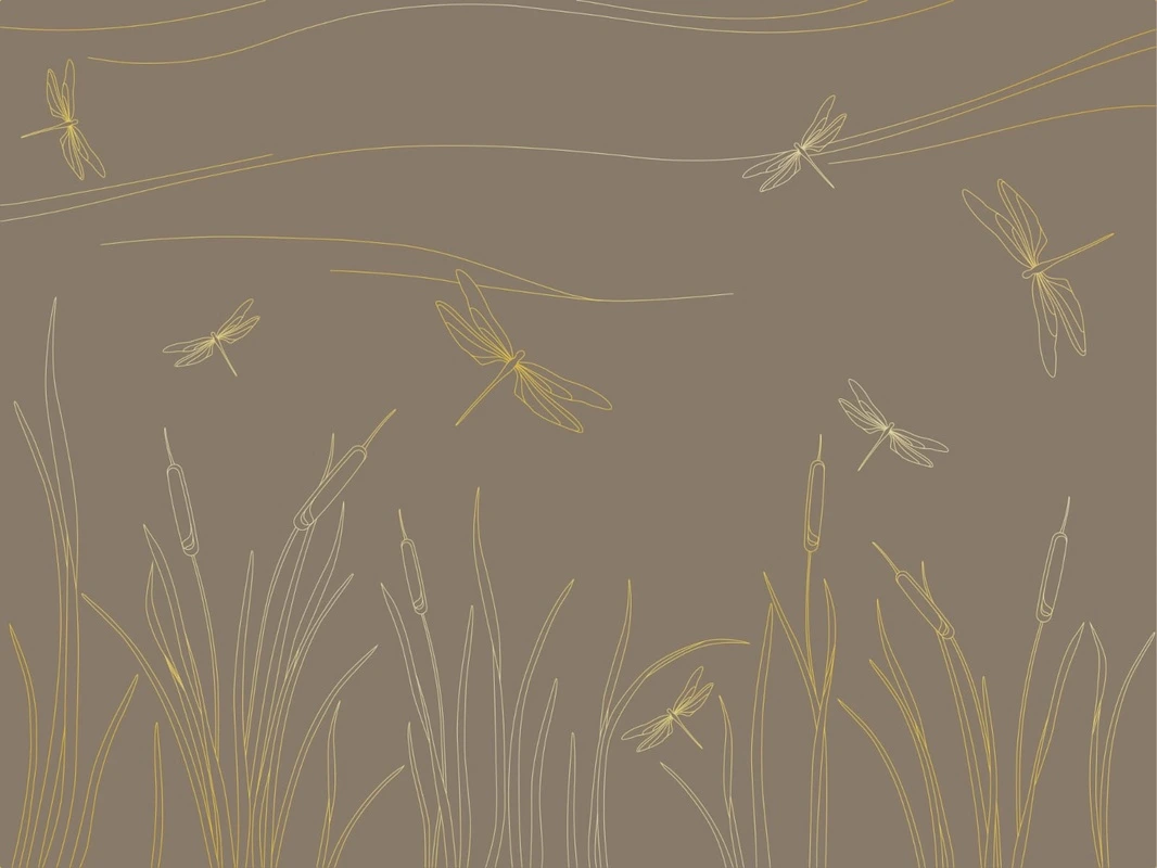 Фотообои на стену - графика, золотые линии, с золотом, камыш, трава, стрекоза, темно коричневая, темная