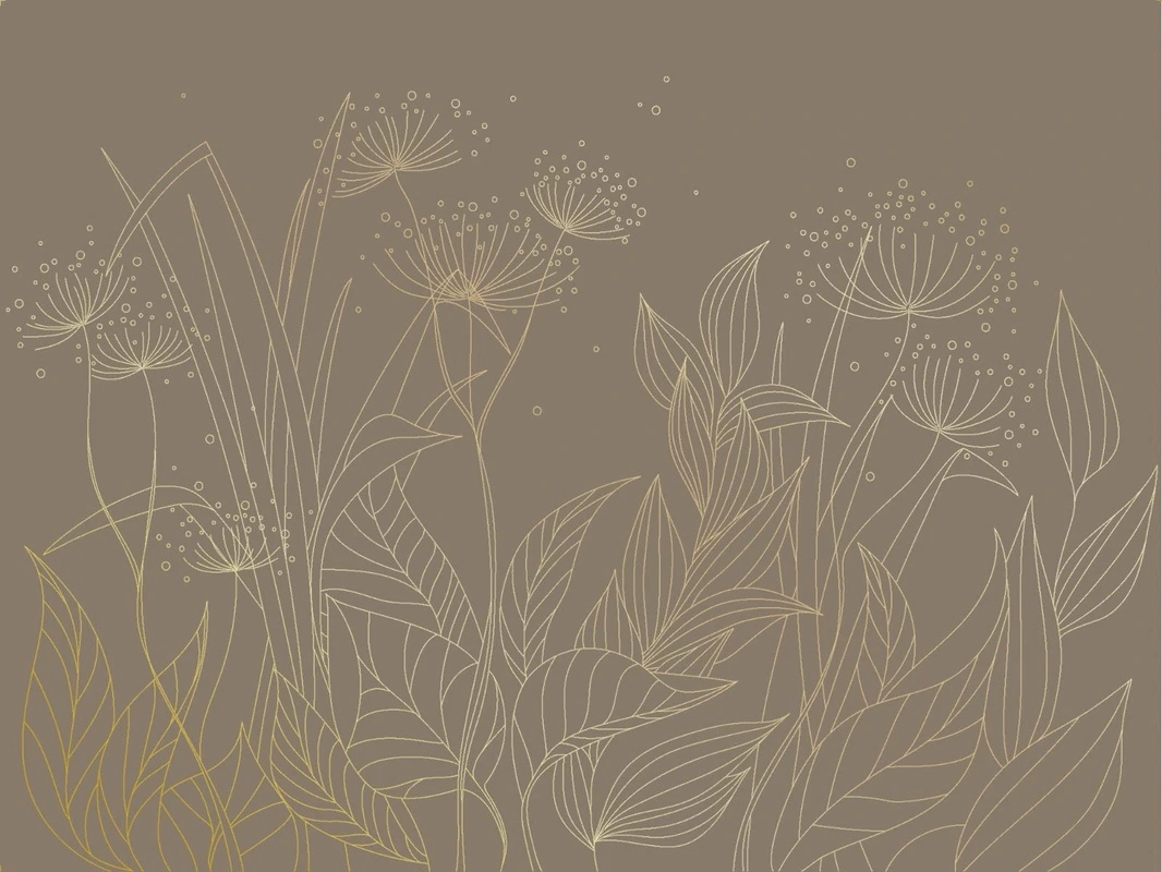 Фотообои и фрески на стену - графика, золотые линии, золотые листья, трава, темно коричневая, темная