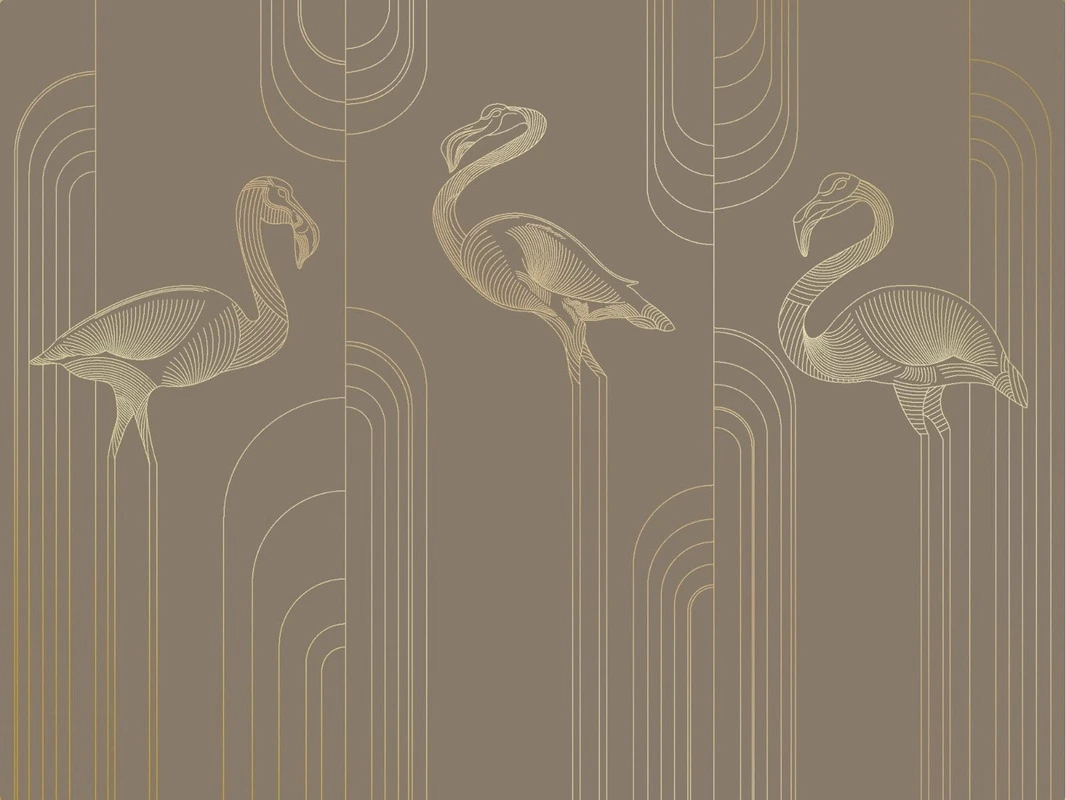 Фотообои и фрески на стену - графика, золотые линии, фламинго, темно коричневые, темные