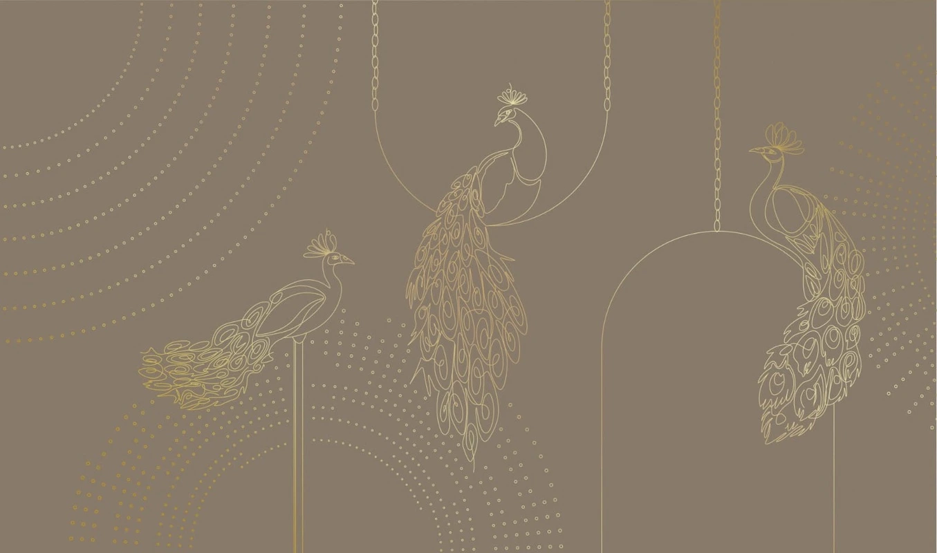 Фотообои на стену - графика, золотые линии, павлины, темно коричневая, темная