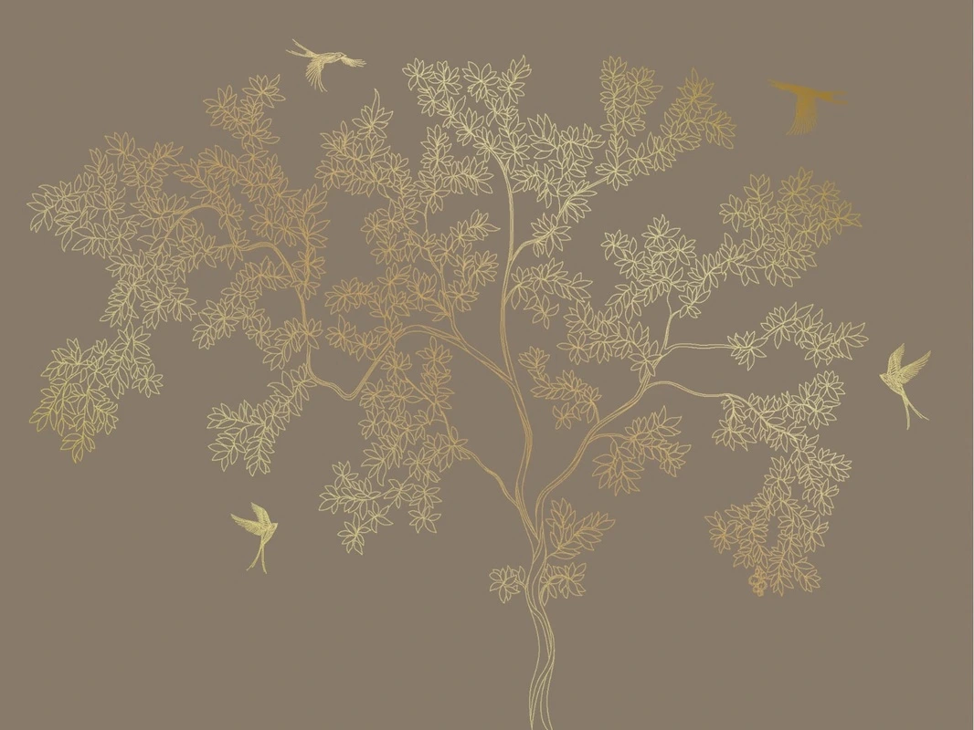 Фотообои на стену - графика, золотые линии, золотые листья, дерево, темно коричневая, темная