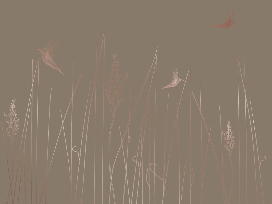 Фотообои на стену - графика, медные, линии, трава, птицы, темно коричневая, темная