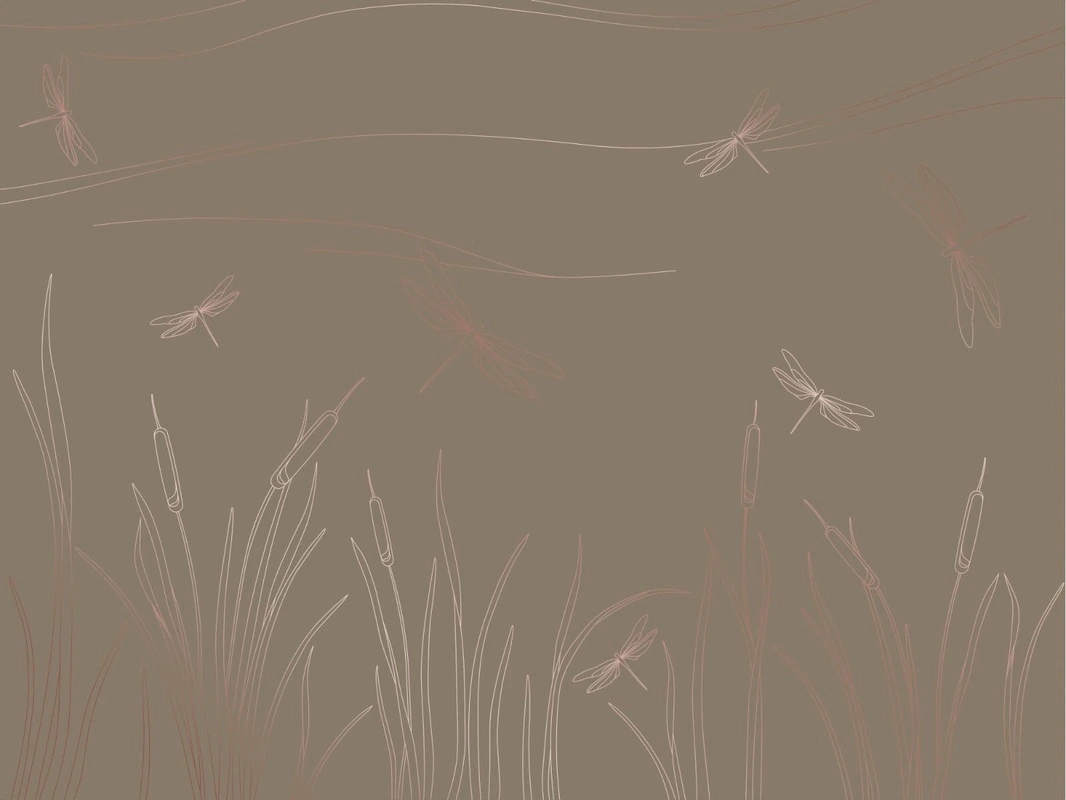 Фотообои на стену - графика, линии, медные, камыш, стрекозы, трава, темно коричневая, темная