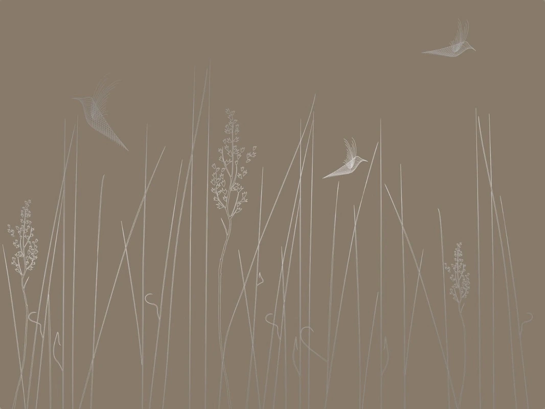 Фотообои на стену - графика, с серебром, трава, птицы, темно коричневая, темная