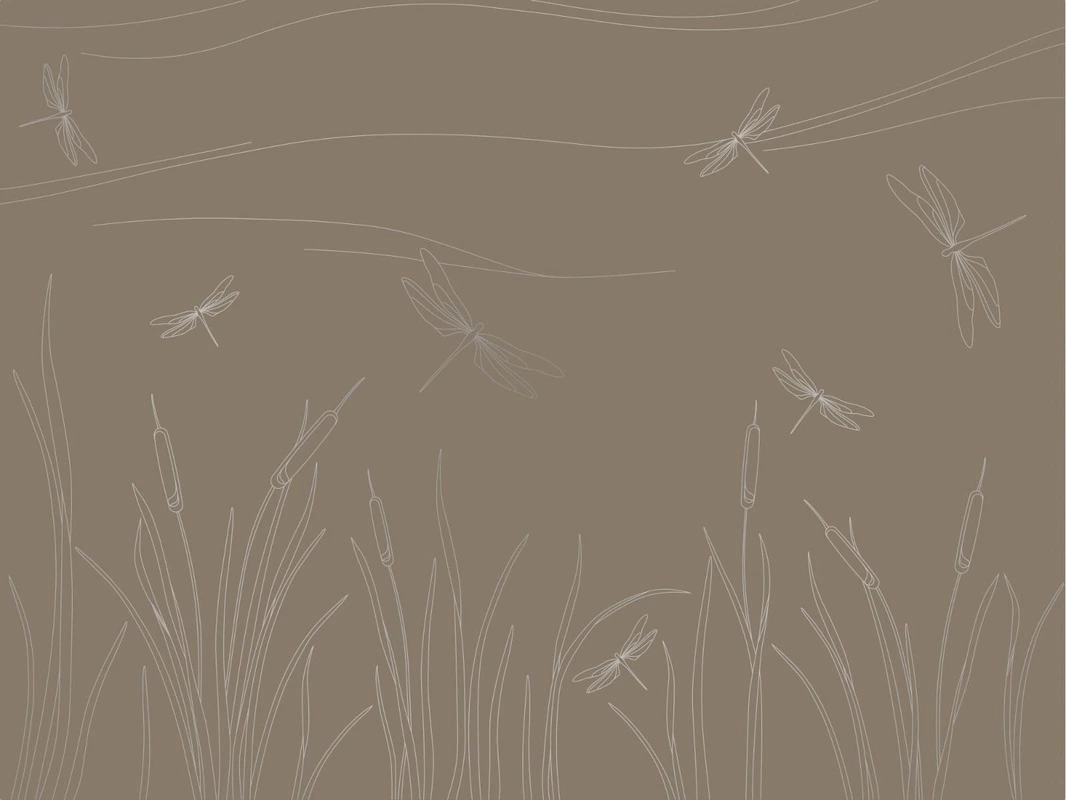 Фотообои на стену - графика, с серебром, линии, трава, стрекоза, темно коричневая, темная