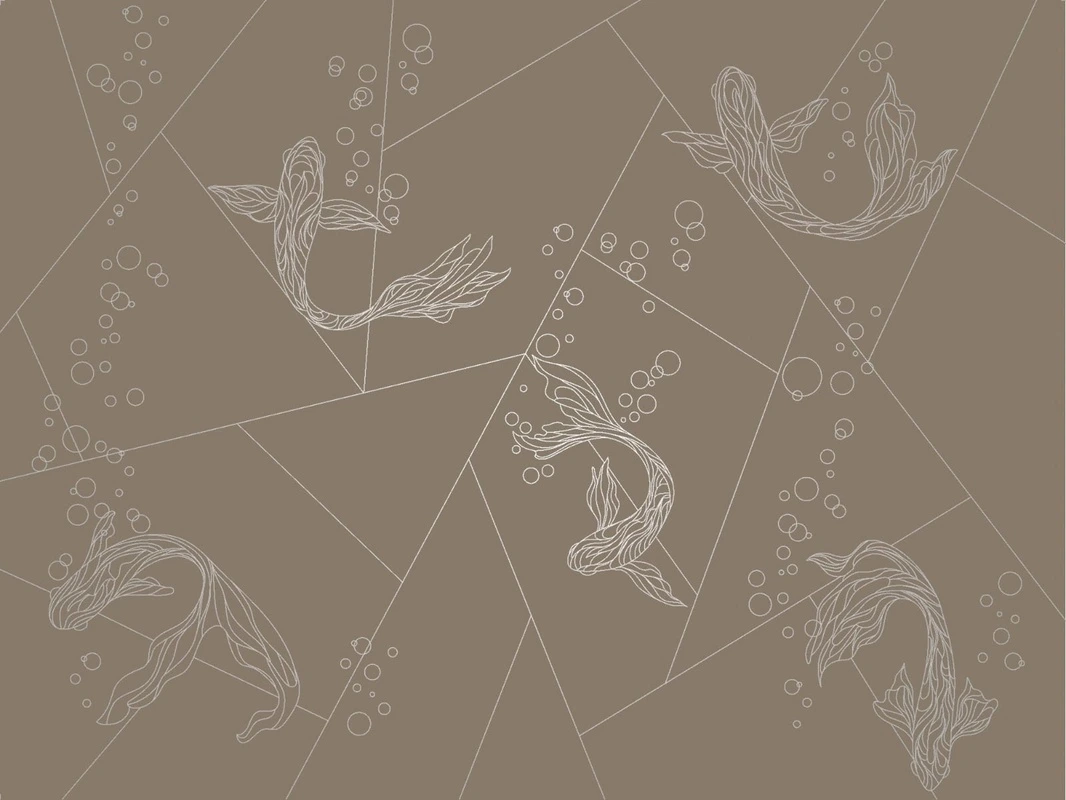 Фотообои и фрески на стену - графика, с серебром, рыбы, темно коричневая