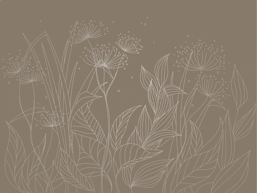 Фотообои и фрески на стену - графика, с серебром, трава, листья, темно коричневая, темная