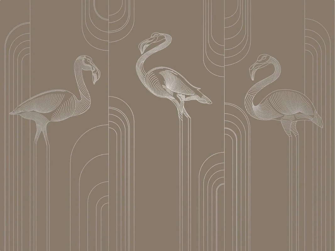 Фотообои и фрески на стену - графика, с серебром, фламинго, темно коричневая, темная