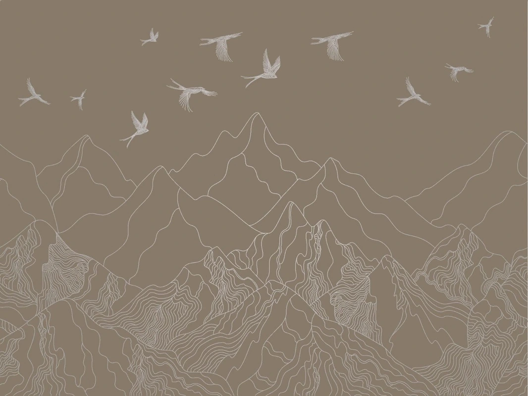 Фотообои на стену - графика, с серебром, горы, птицы, в гостиницу, мужские, темно коричневая, темная
