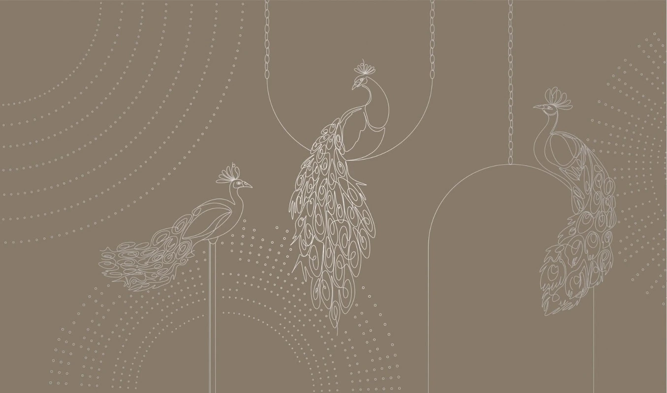 Фотообои на стену - графика, с серебром, павлины, темно коричневая, темная