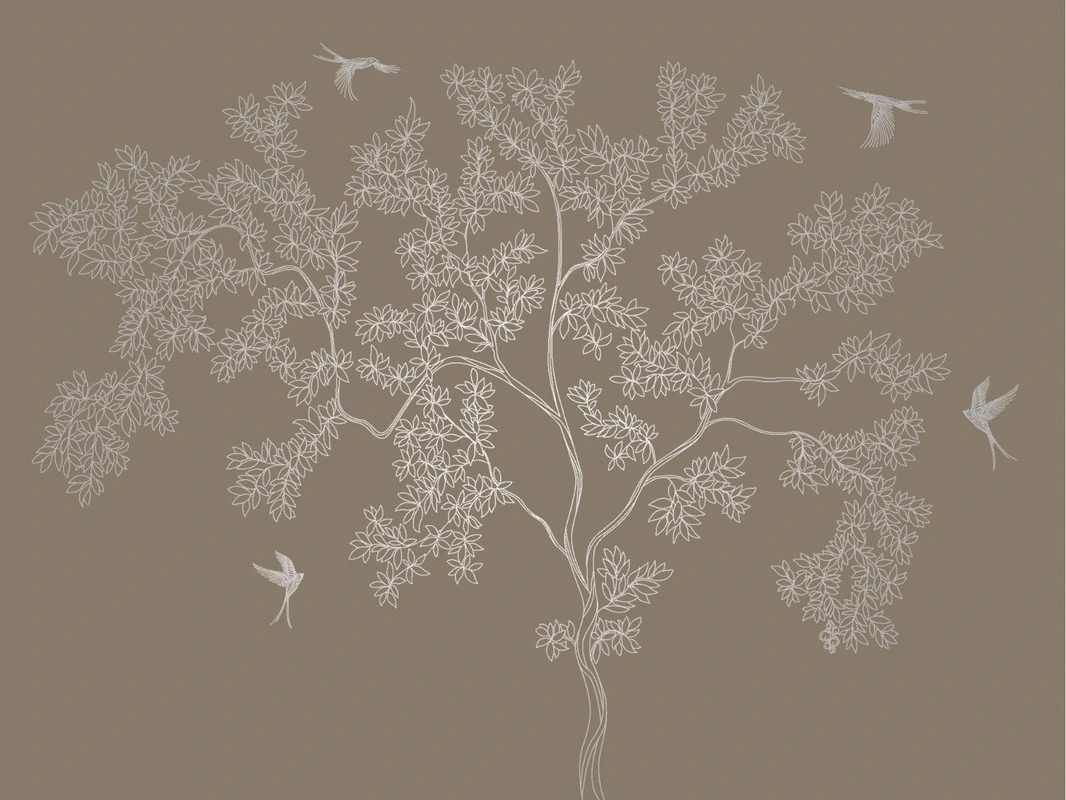 Фотообои на стену - графика, с серебром, дерево, листья, птицы, в спальню, темно коричневая, темная