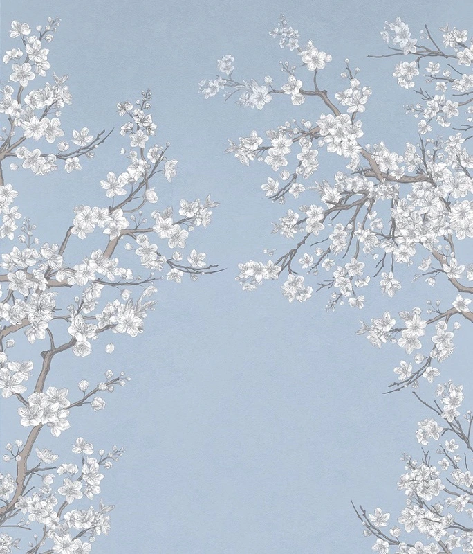 Фотообои на стену - цветы, яблоня, ветки, белая яблоня, на голубом фоне, над кроватью, в спальню