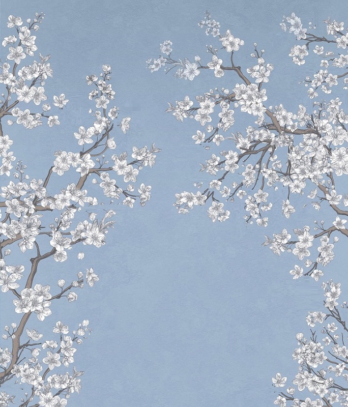 Фотообои и фрески на стену - цветы, ветки яблони, ветки с белыми цветами, голубые